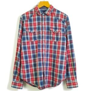 THREAD and CLOTH Casual Shirt Snap Buttons Red Tartan Plaid Cotton Size Large